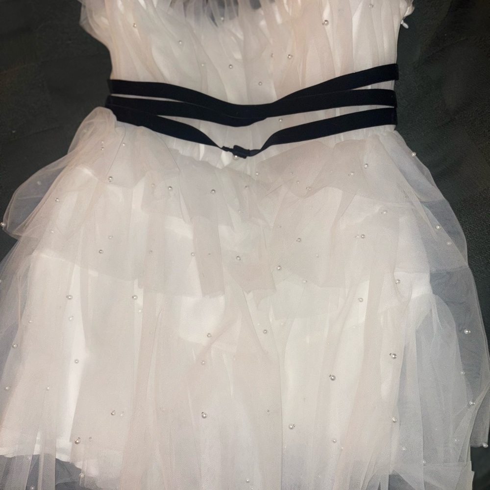 Maeve White and Black Strapless Mini Dress for Prom